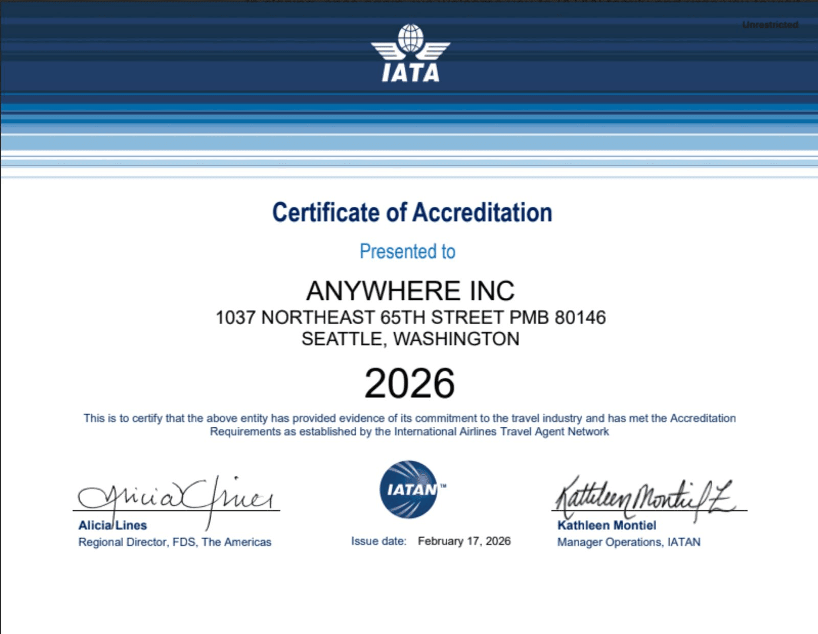 Anywhere Inc. IATA Accreditation Certificate