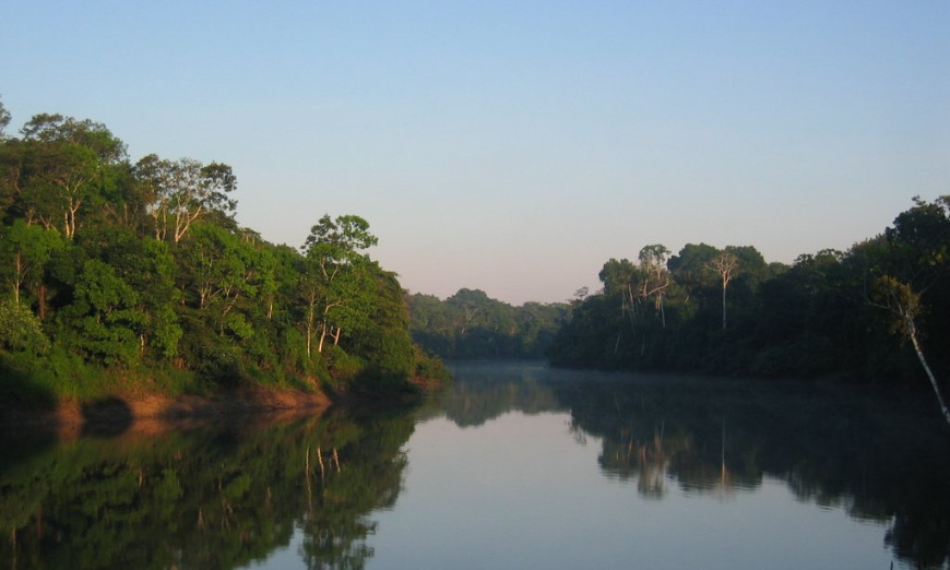 ...and the wide tree-lined river flows through the jungle, unhindered. Peru Amazon: The wide tree-lined river flows through the jungle.