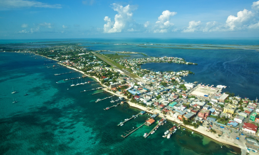 Best Beaches for Swimming in Belize Image: An aerial view of Ambergris Caye, Belize.