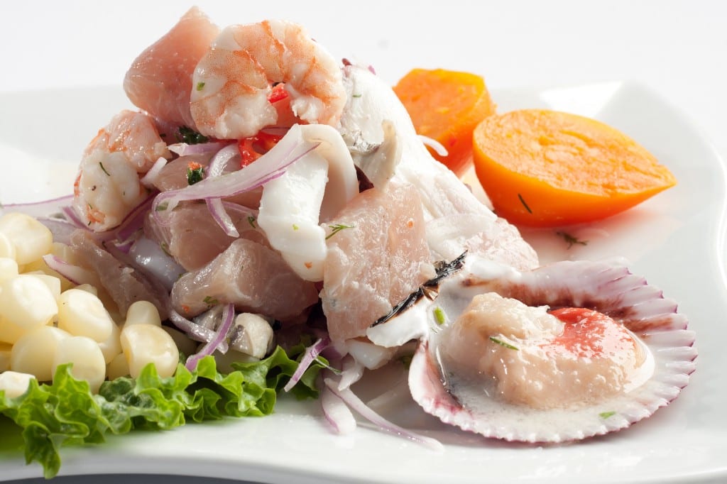 Visit Peru Image: A close-up of beautifully arranged ceviche on a white plate is the perfect start to a Peru food tour.