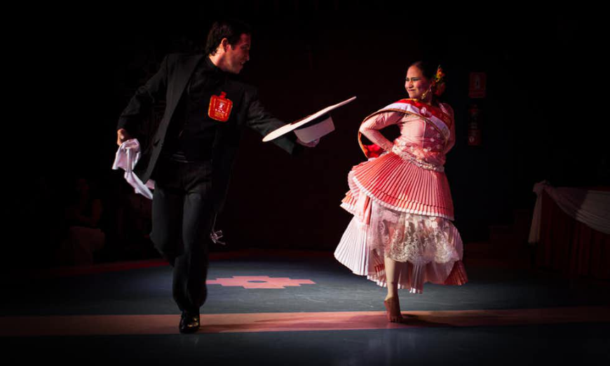 Put your dancing shoes on! Lima Nightlife Image: Two dancers on stage in traditional dress — man in suit and hat, woman in tiered dress.