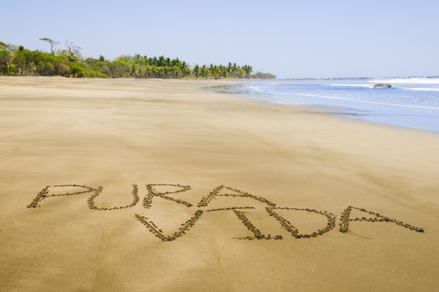 Make-A-Wish Costa Rica Image: Pura Vida is written in large letters in the sand on a beach.