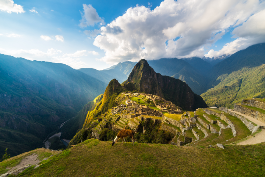Peru or Ecuador Image: Light streams down as a llama grazes in the foreground with Machu Picchu in the background.