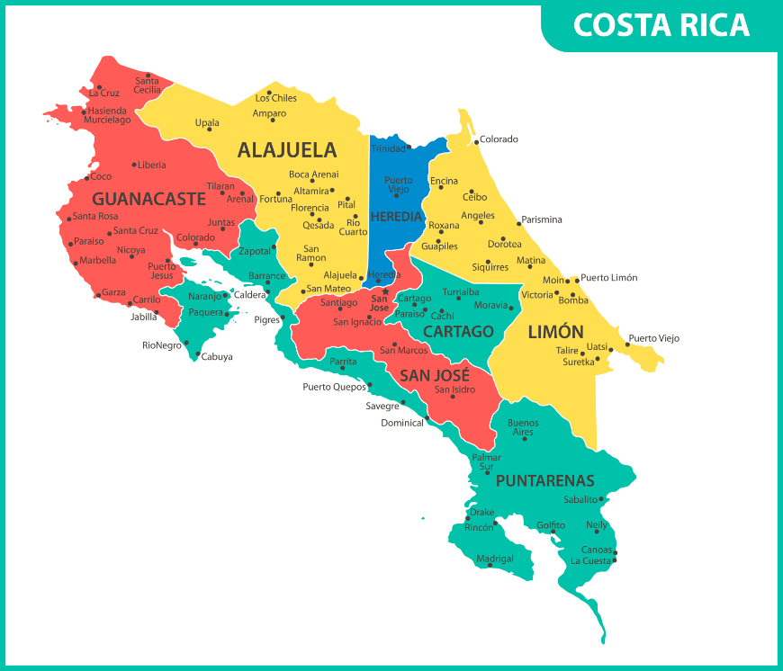 Is It Safe to Travel in Costa Rica Image: Colorful map of Costa Rica provinces and cities.