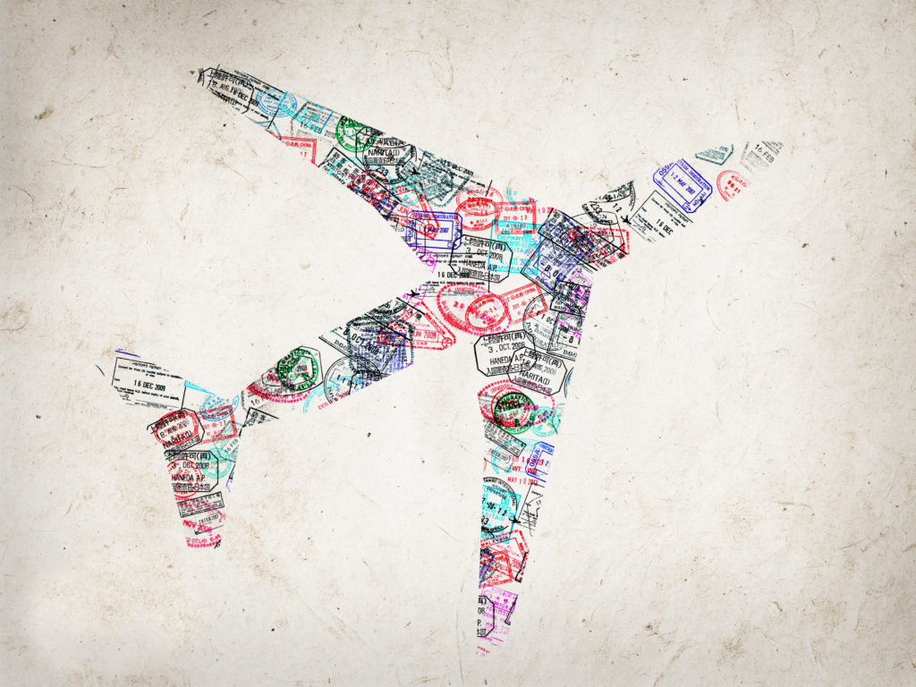 Legally Travel To Cuba Image: The outline of an airplane made out of travel stamps.