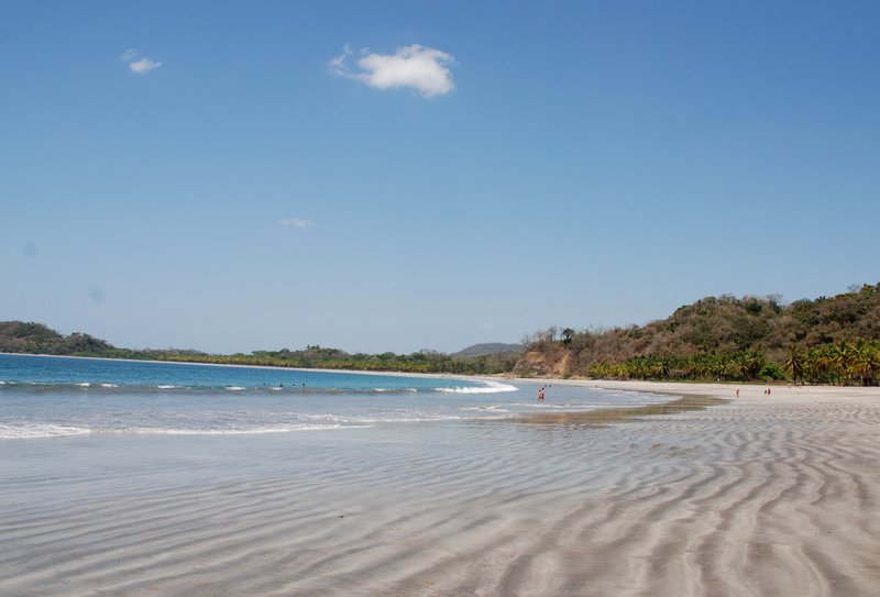 Rippled sand at low tide on Playa Carrillo, with forested hills behind