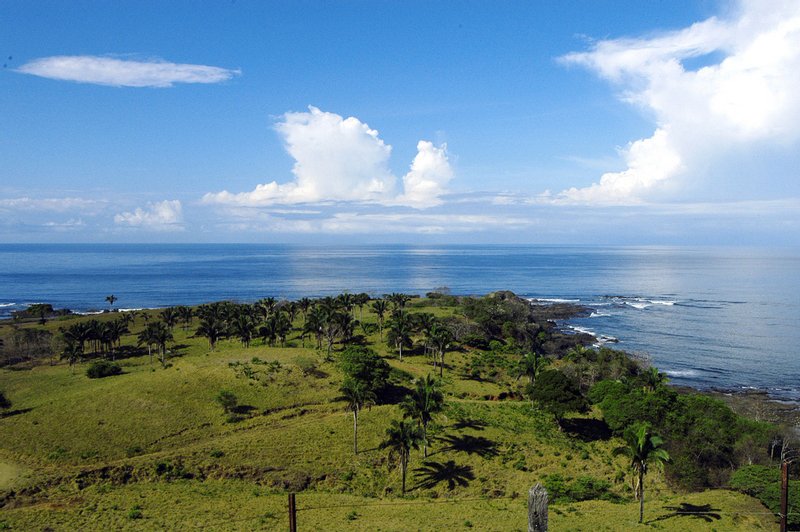 A lookout over green pasture and the Pacific near Playa Coyote