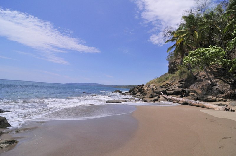 A sandy beach and rocky, palm-topped point on the Gulf coast near Tambor